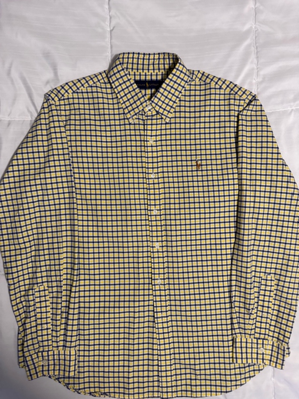Men's Yellow, White & Navy Checkered Button-Down Shirt